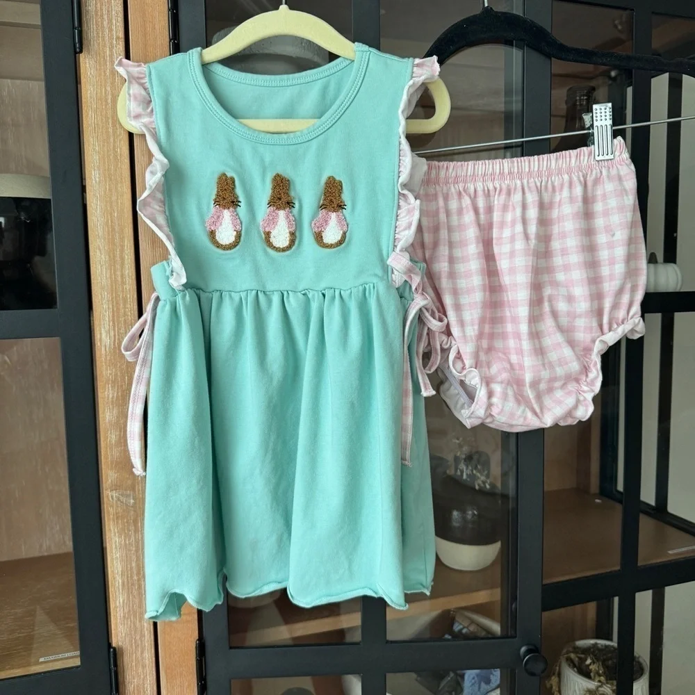 Bunnies French Knot set gingham bows peter rabbit Easter dress toddler shorts